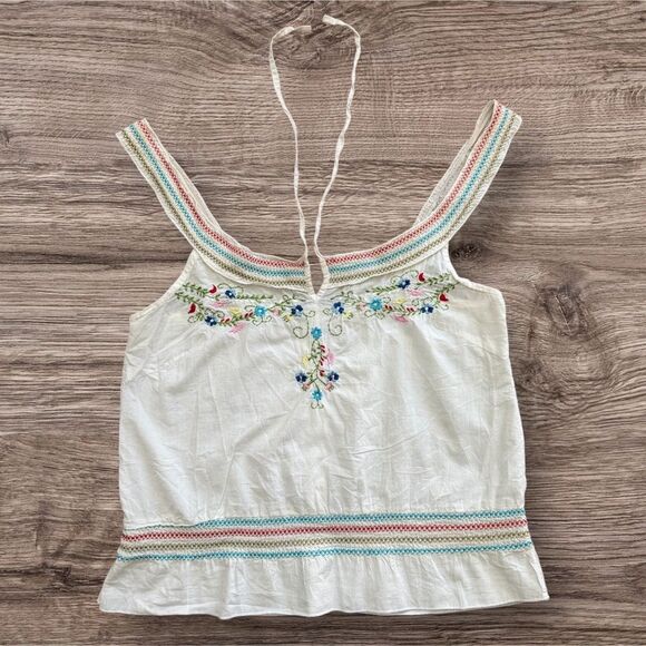 Forever 21 Tops - VTG XXI Forever 21 Y2K Embroidered Floral Cotton Halter Babydoll Top White L